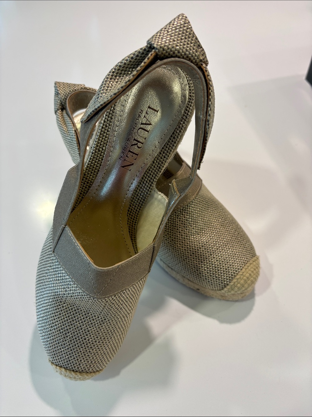 Lauren Ralph Lauren Taupe Woven Espadrille Wedge Slingback